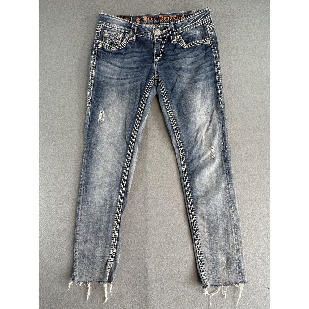 Rock Revival Kai Skinny Jeans Womens 27 Blue Low Rise Distressed E8322511R